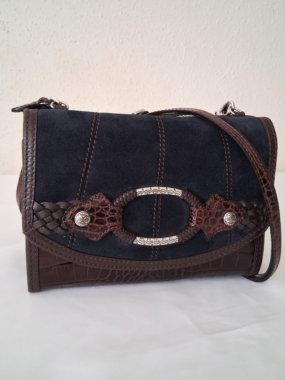 Brighton Women’s Brown Suede & Croc-Embossed Small Crossbody Organizer Bag